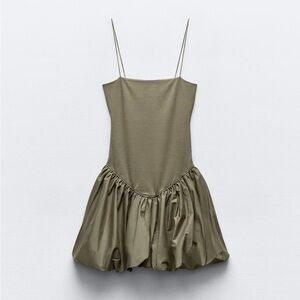 Zara WOMEN’S Mixed Rib Poplin Balloon dress, Size Small, olive green